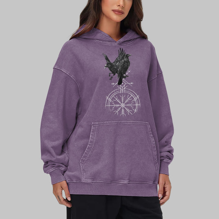 WorldNorse Gothic Raven Vegvisir Print Washed Hoodie