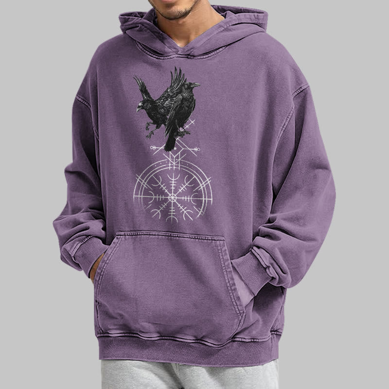 WorldNorse Gothic Raven Vegvisir Print Washed Hoodie