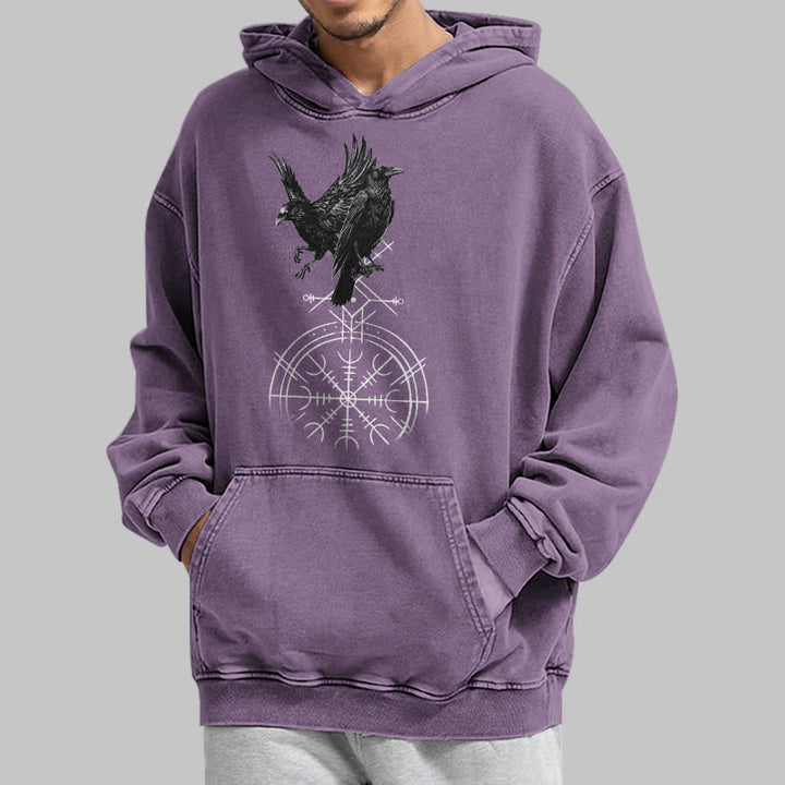 WorldNorse Gothic Raven Vegvisir Print Washed Hoodie