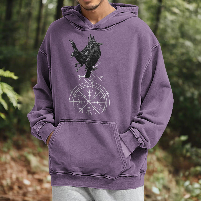 WorldNorse Gothic Raven Vegvisir Print Washed Hoodie