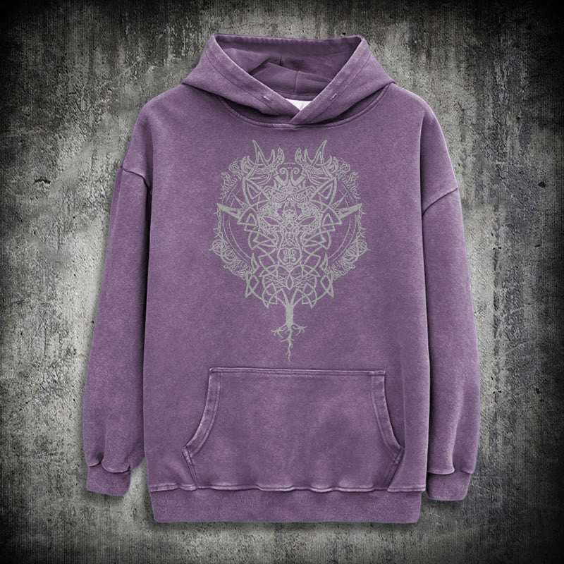 WorldNorse Fenrir Wolf Tree Of Life Washed Hoodie - Purple - 3XL - image 34