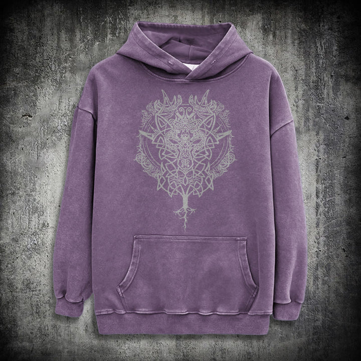 WorldNorse Fenrir Wolf Tree Of Life Washed Hoodie - Purple - 3XL - image 34