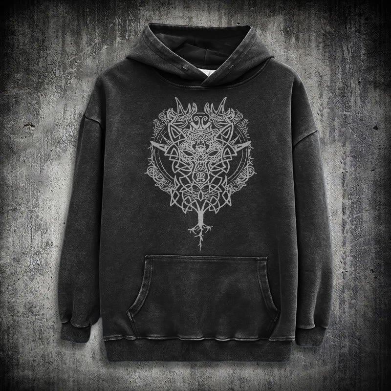 WorldNorse Fenrir Wolf Tree Of Life Washed Hoodie - Black - 3XL - image 0
