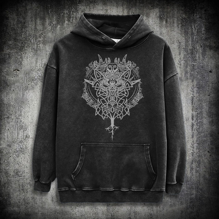 WorldNorse Fenrir Wolf Tree Of Life Washed Hoodie