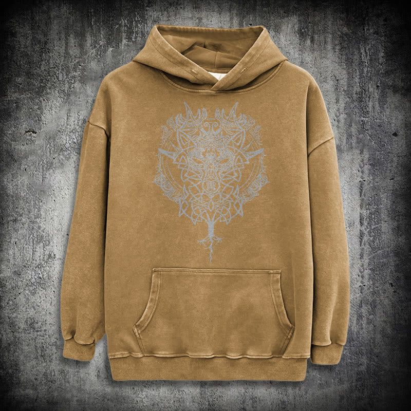 WorldNorse Fenrir Wolf Tree Of Life Washed Hoodie - Khaki - 3XL - image 26