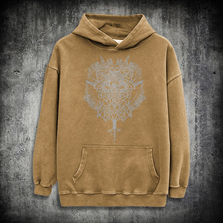 WorldNorse Fenrir Wolf Tree Of Life Washed Hoodie - Khaki - 3XL - image 26