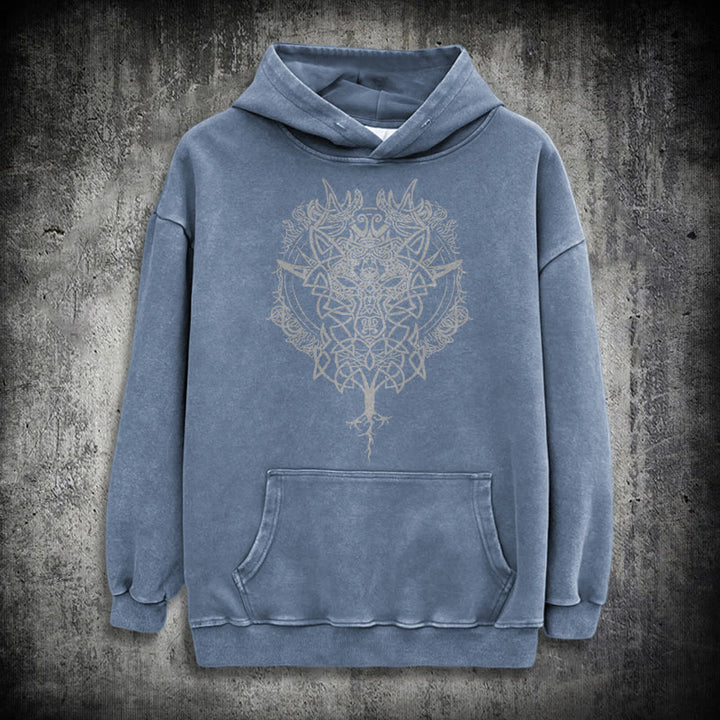 WorldNorse Fenrir Wolf Tree Of Life Washed Hoodie - Blue - 3XL - image 19