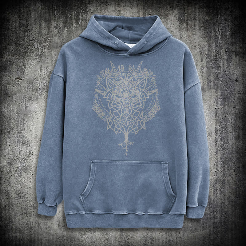 WorldNorse Fenrir Wolf Tree Of Life Washed Hoodie - Blue - 3XL - image 20