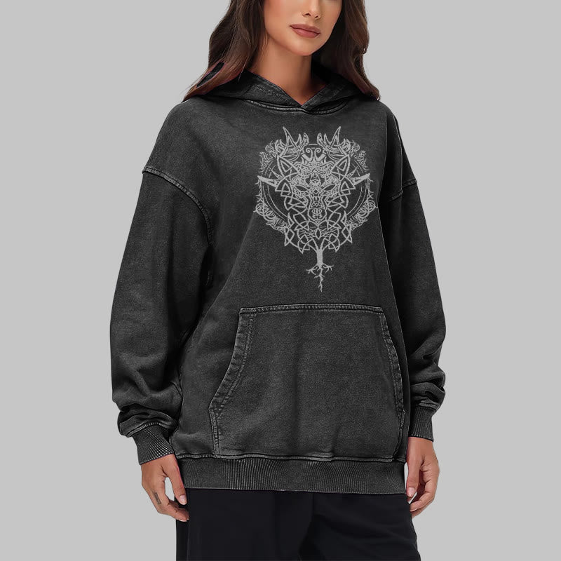 WorldNorse Fenrir Wolf Tree Of Life Washed Hoodie