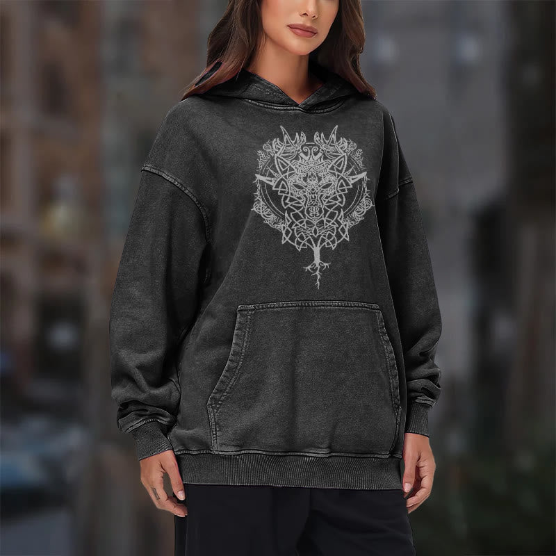 WorldNorse Fenrir Wolf Tree Of Life Washed Hoodie