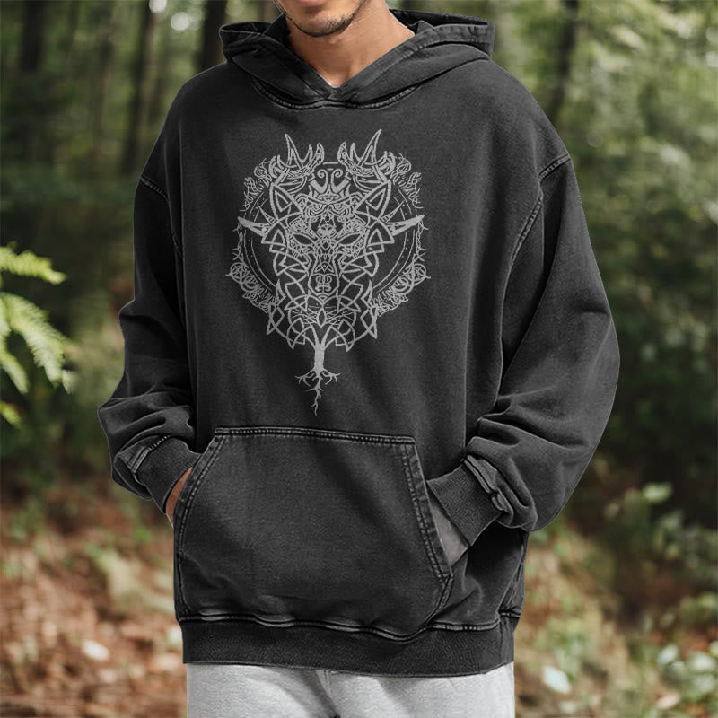 WorldNorse Fenrir Wolf Tree Of Life Washed Hoodie