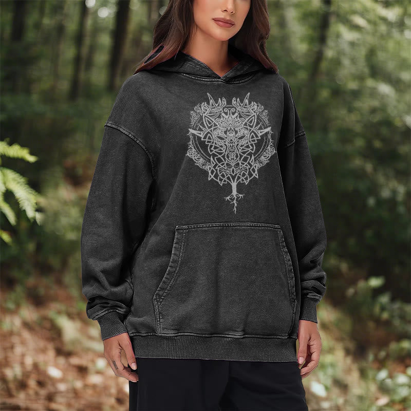 WorldNorse Fenrir Wolf Tree Of Life Washed Hoodie