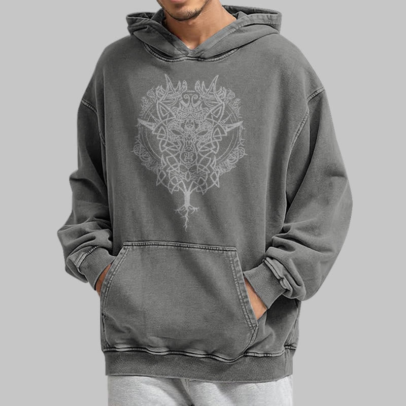 WorldNorse Fenrir Wolf Tree Of Life Washed Hoodie