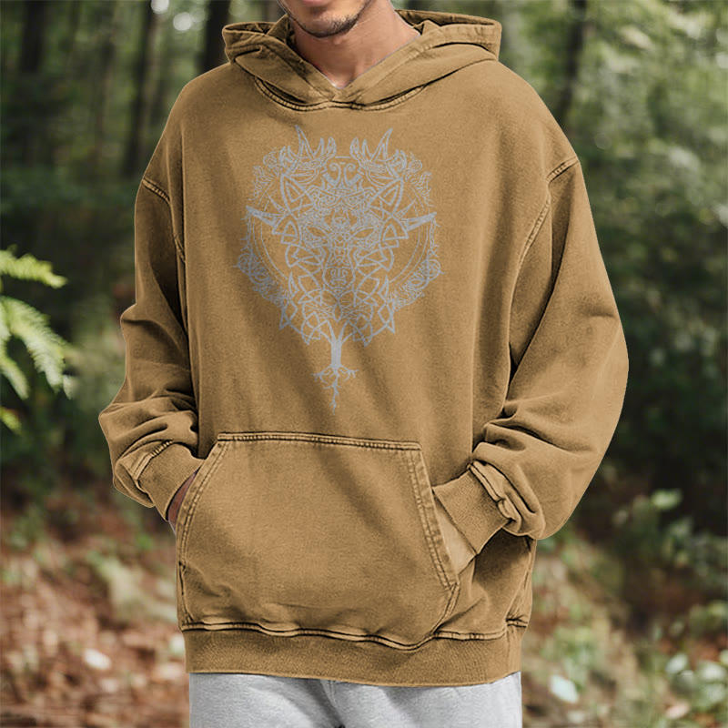 WorldNorse Fenrir Wolf Tree Of Life Washed Hoodie