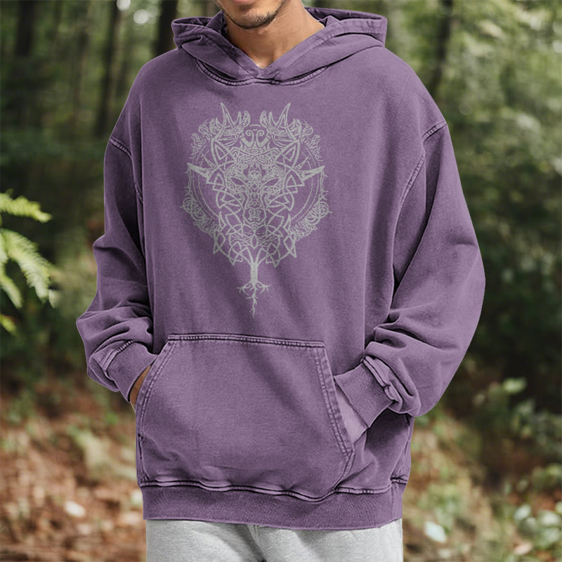 WorldNorse Fenrir Wolf Tree Of Life Washed Hoodie