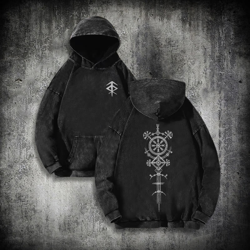 WorldNorse Vegvisir Double-Sided Print Washed Hoodie - Black - 3XL - image 0