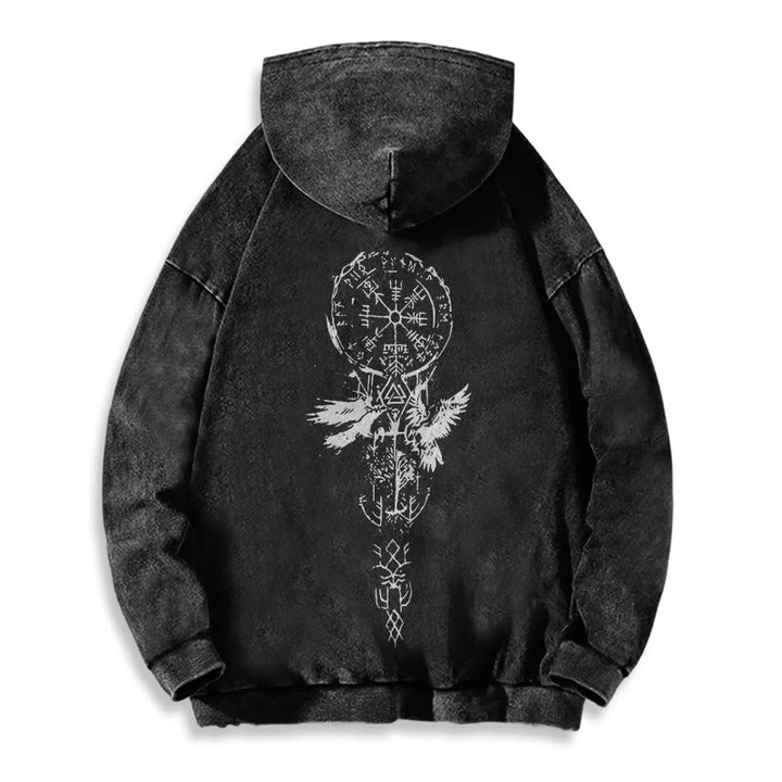 WorldNorse Valknut Raven Back Print Washed Hoodie