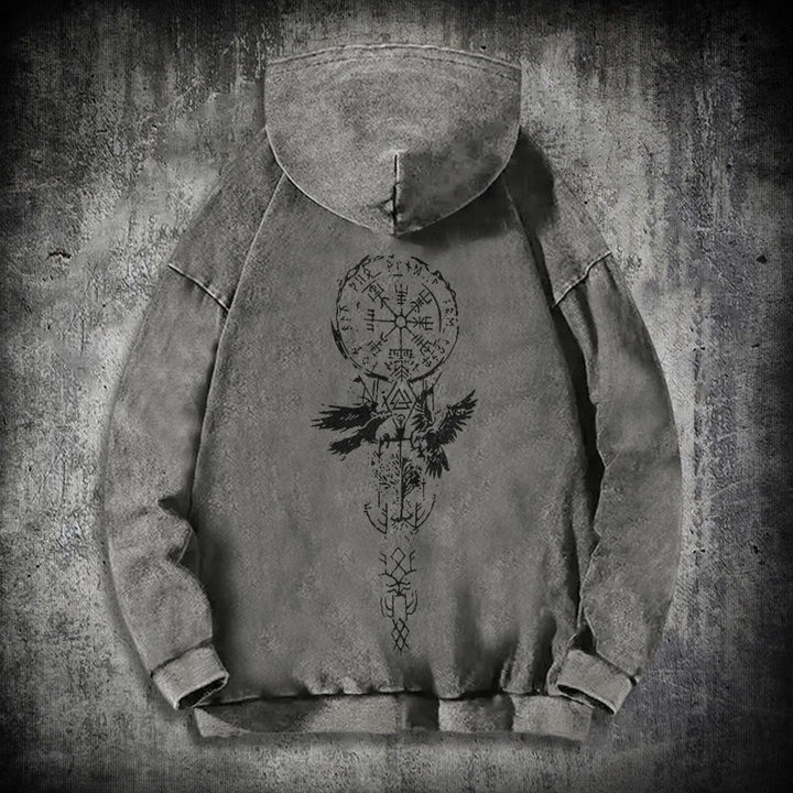 WorldNorse Valknut Raven Back Print Washed Hoodie