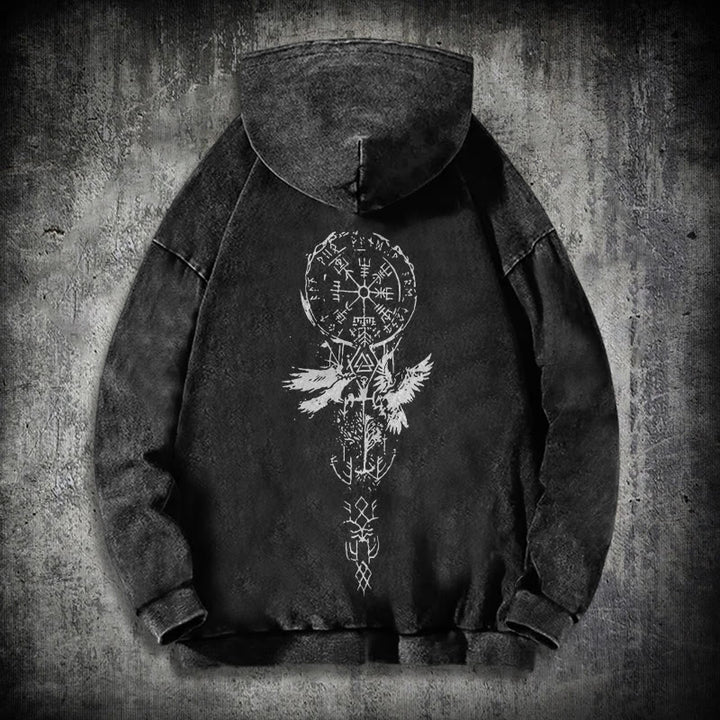 WorldNorse Valknut Raven Back Print Washed Hoodie - Black - 3XL - image 0