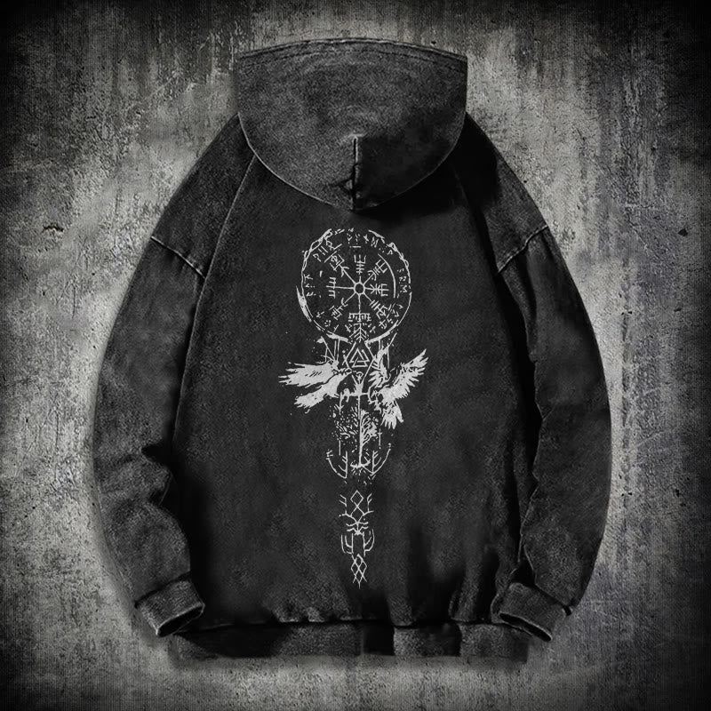 WorldNorse Valknut Raven Back Print Washed Hoodie - Black - 3XL - image 1