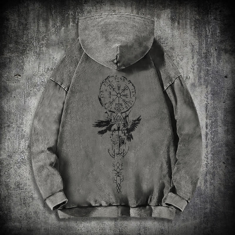 WorldNorse Valknut Raven Back Print Washed Hoodie - Grey - 3XL - image 13