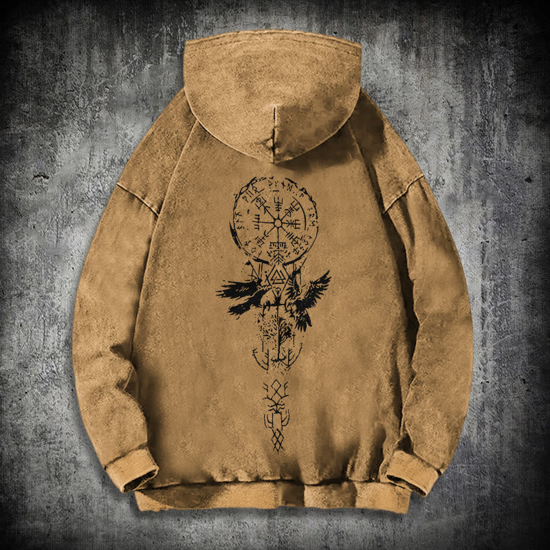 WorldNorse Valknut Raven Back Print Washed Hoodie - Khaki - 3XL - image 26