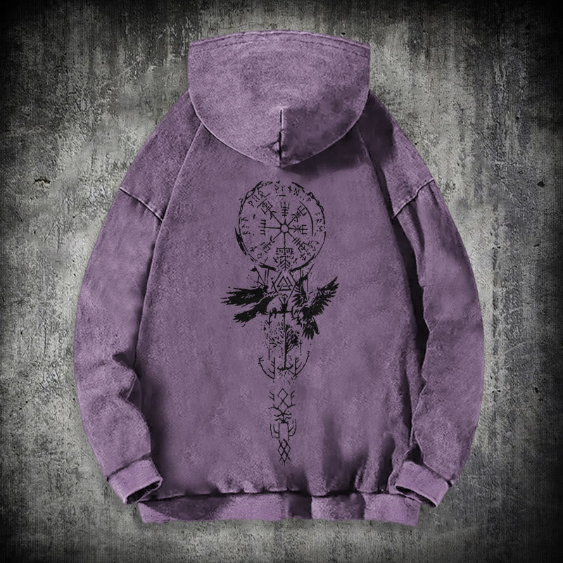WorldNorse Valknut Raven Back Print Washed Hoodie - Purple - 3XL - image 33
