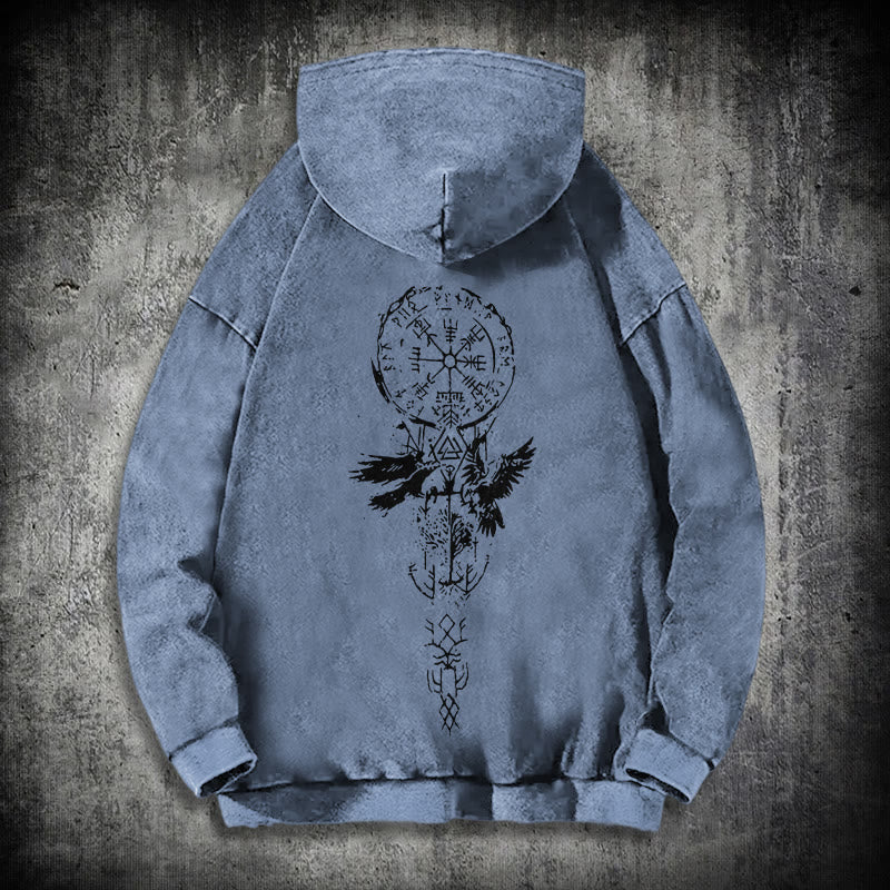 WorldNorse Valknut Raven Back Print Washed Hoodie - Blue - 3XL - image 20