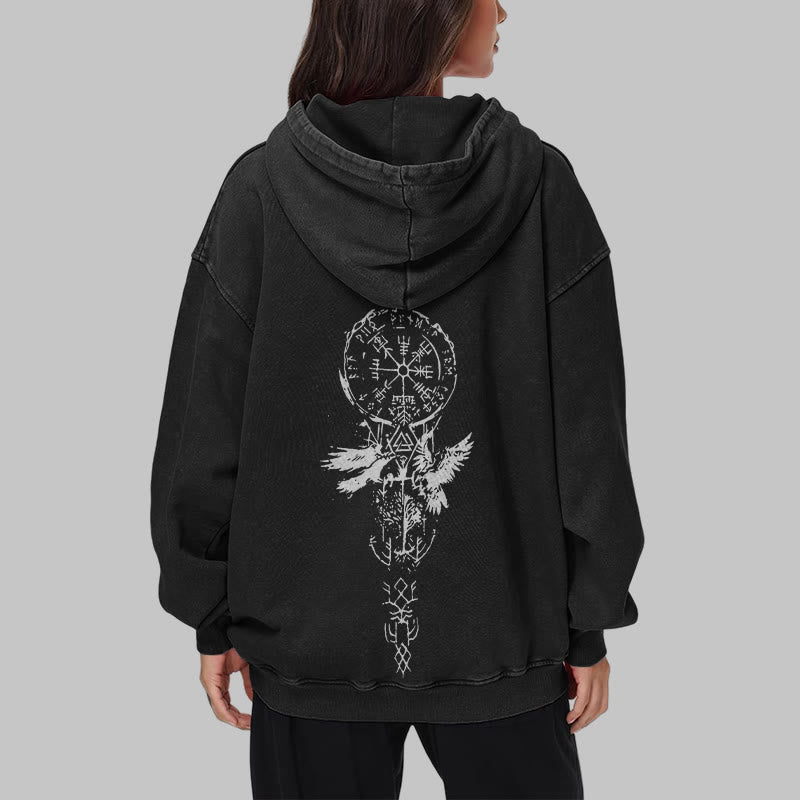 WorldNorse Valknut Raven Back Print Washed Hoodie