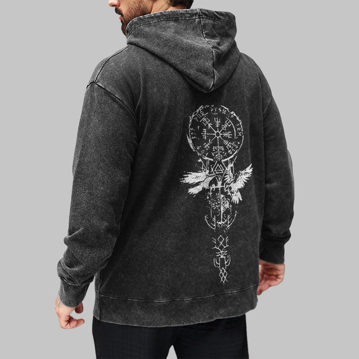 WorldNorse Valknut Raven Back Print Washed Hoodie