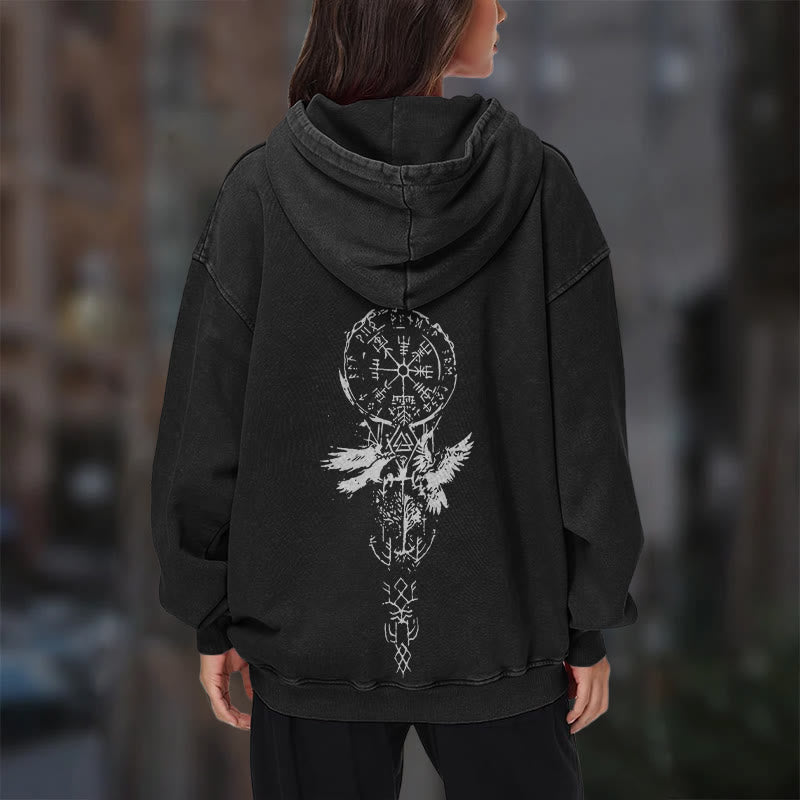 WorldNorse Valknut Raven Back Print Washed Hoodie