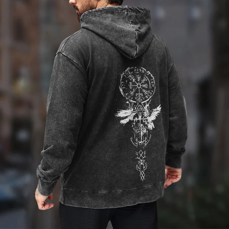 WorldNorse Valknut Raven Back Print Washed Hoodie