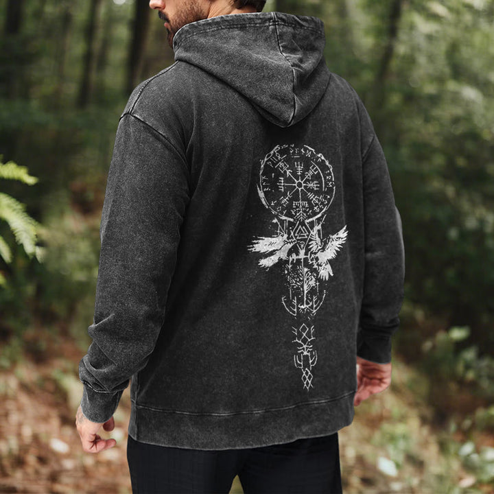 WorldNorse Valknut Raven Back Print Washed Hoodie