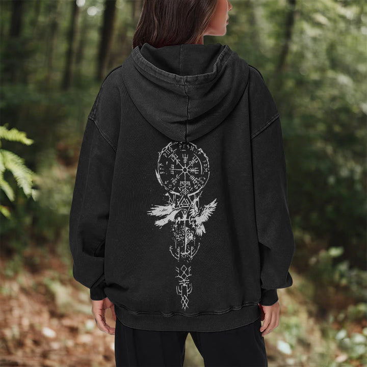 WorldNorse Valknut Raven Back Print Washed Hoodie