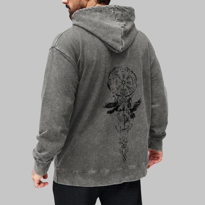 WorldNorse Valknut Raven Back Print Washed Hoodie