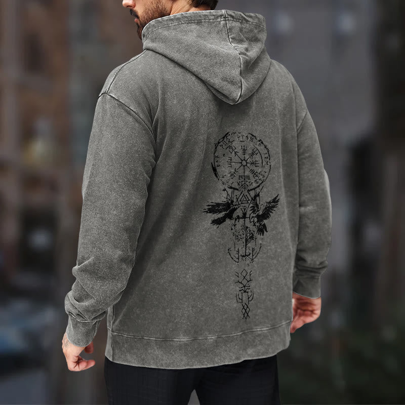 WorldNorse Valknut Raven Back Print Washed Hoodie