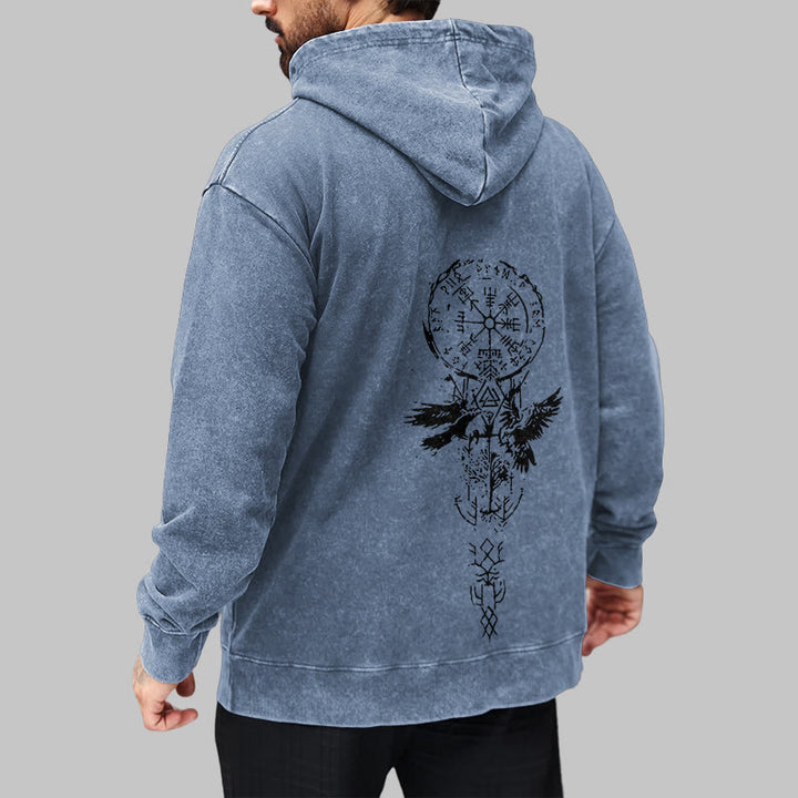 WorldNorse Valknut Raven Back Print Washed Hoodie