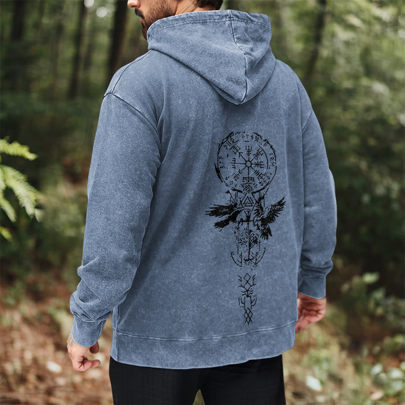 WorldNorse Valknut Raven Back Print Washed Hoodie