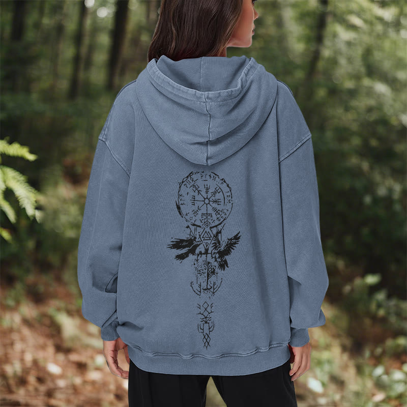 WorldNorse Valknut Raven Back Print Washed Hoodie