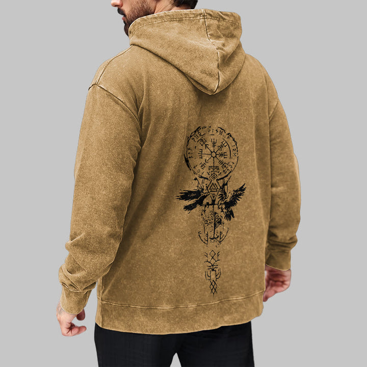 WorldNorse Valknut Raven Back Print Washed Hoodie