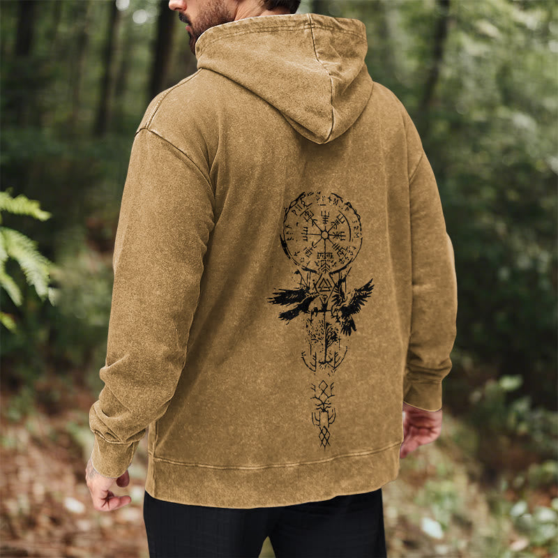 WorldNorse Valknut Raven Back Print Washed Hoodie