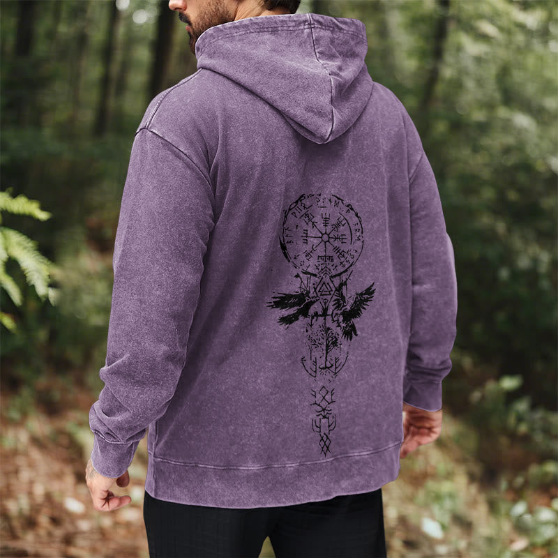 WorldNorse Valknut Raven Back Print Washed Hoodie