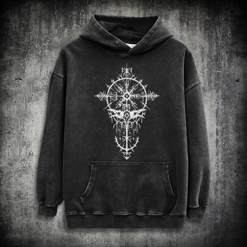 WorldNorse Tribal Bird & Viking Design Washed Hoodie - Black - 3XL - image 1