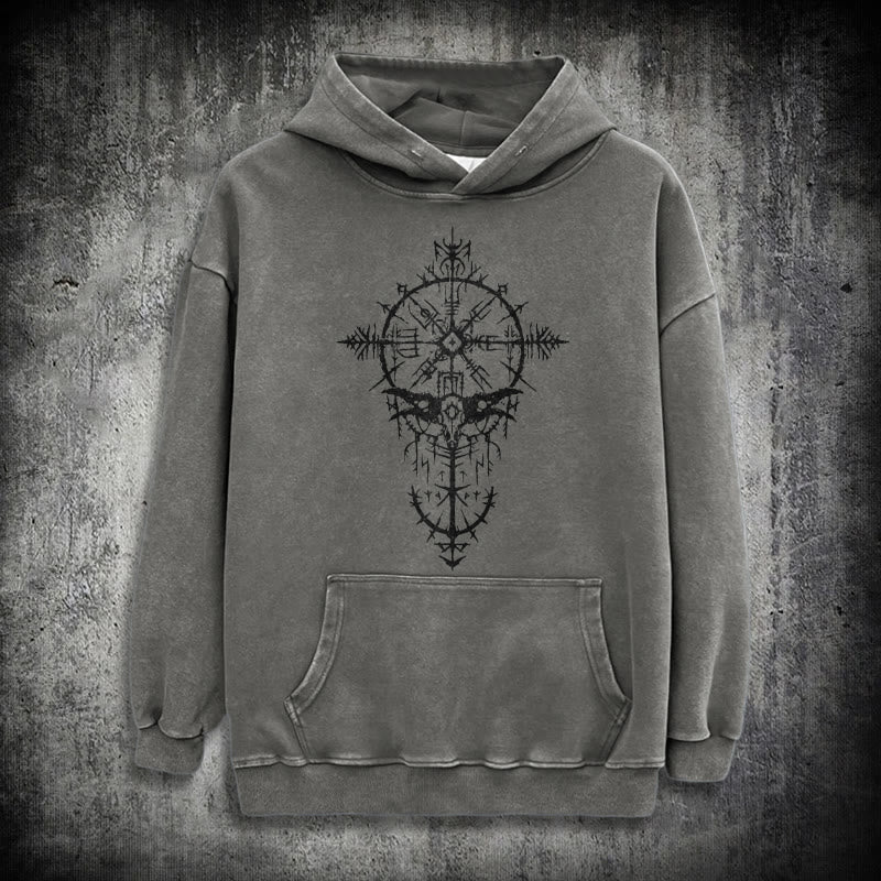 WorldNorse Tribal Bird & Viking Design Washed Hoodie - Grey - 3XL - image 13