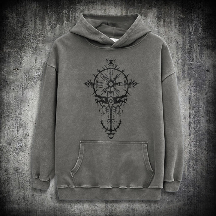 WorldNorse Tribal Bird & Viking Design Washed Hoodie - Grey - 3XL - image 13