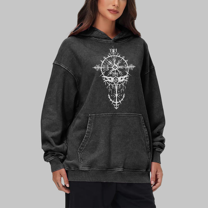 WorldNorse Tribal Bird & Viking Design Washed Hoodie