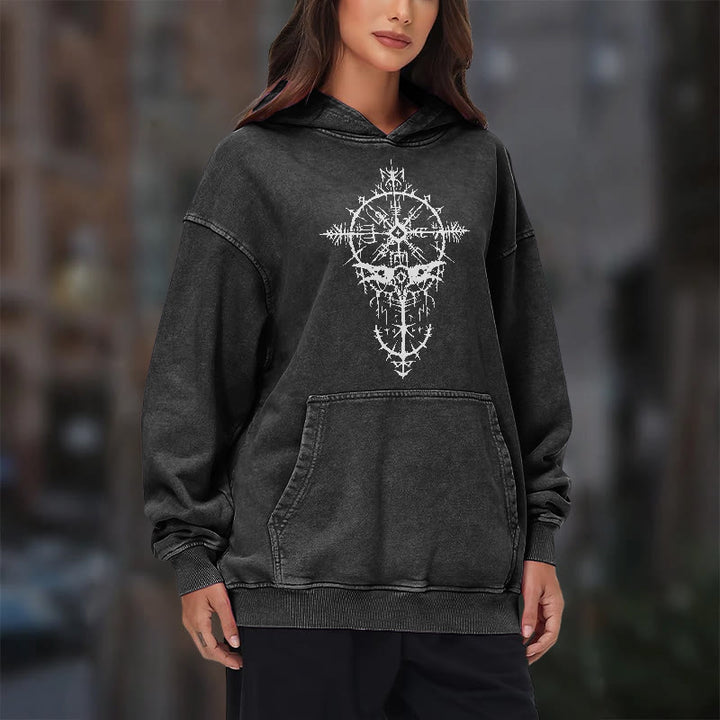 WorldNorse Tribal Bird & Viking Design Washed Hoodie