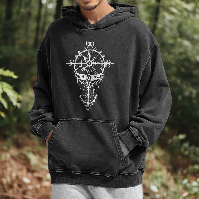 WorldNorse Tribal Bird & Viking Design Washed Hoodie