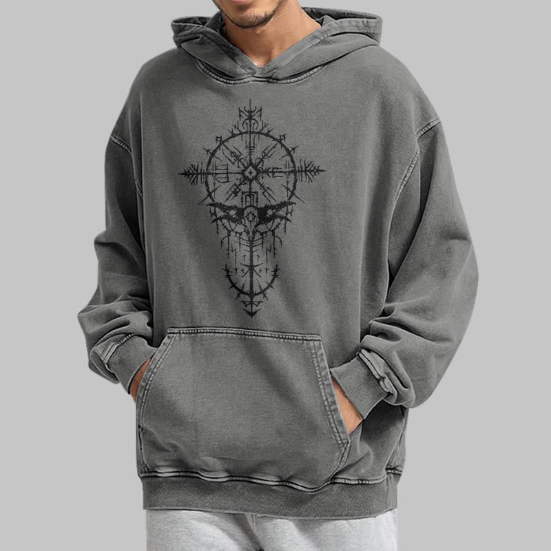 WorldNorse Tribal Bird & Viking Design Washed Hoodie