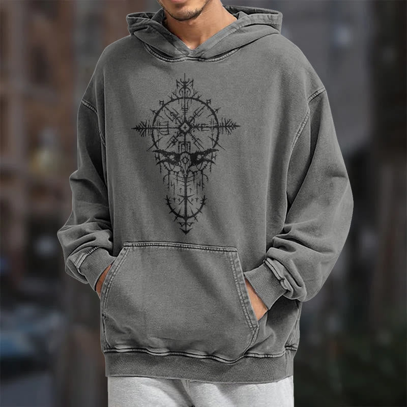 WorldNorse Tribal Bird & Viking Design Washed Hoodie